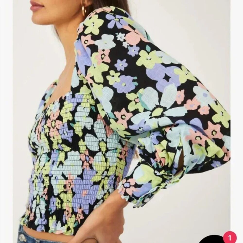 Free People | Ariana Floral Puff Sleeve Smocked Crop Size Medium - Picture 3 of 13